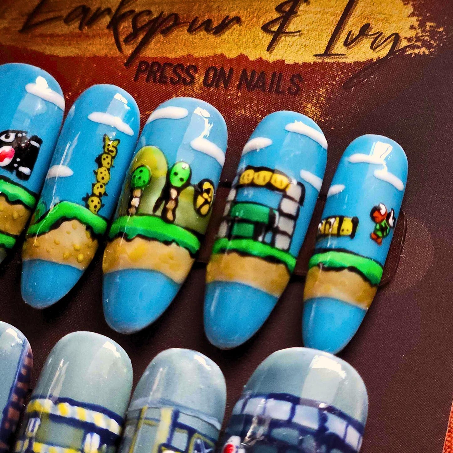 Long Sculpted Almond SUPER MARIO WORLD Apres Gel-X Press On Nails Size Large