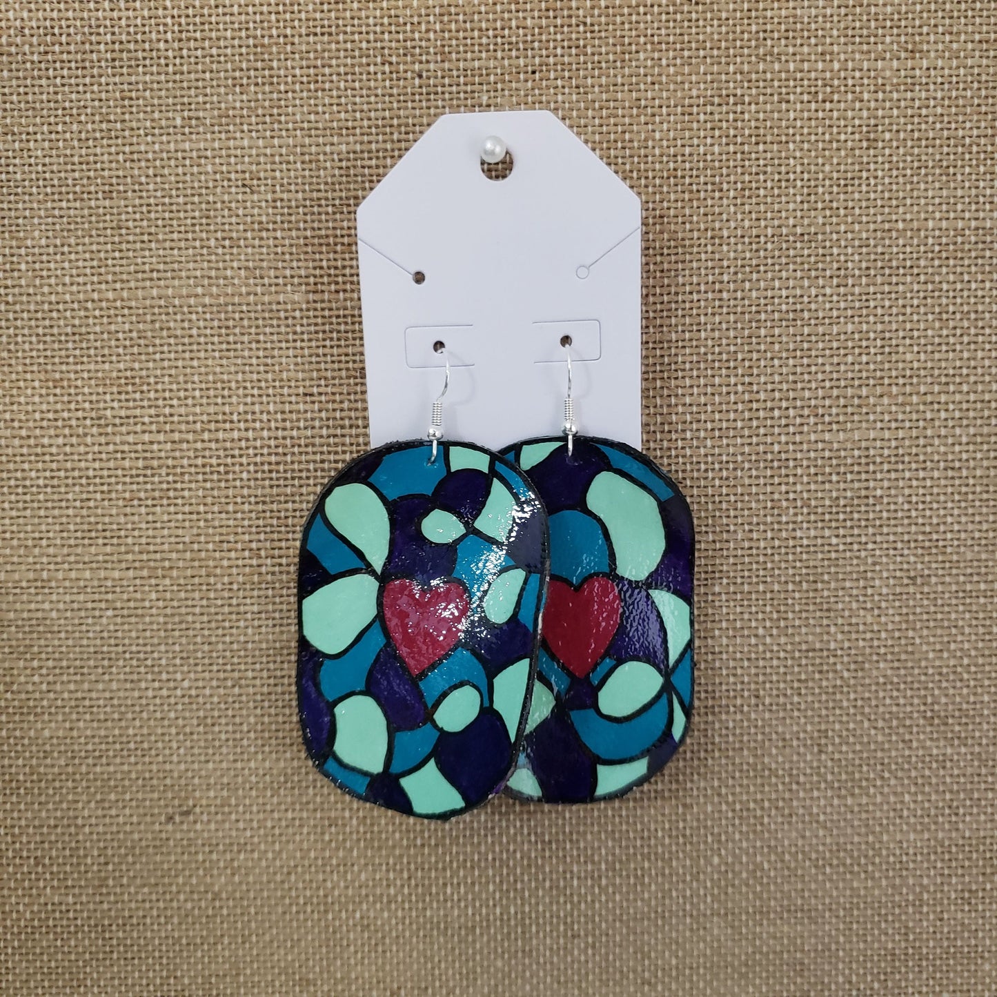 Hand Painted Heart Stained Glass Leather Earrings
