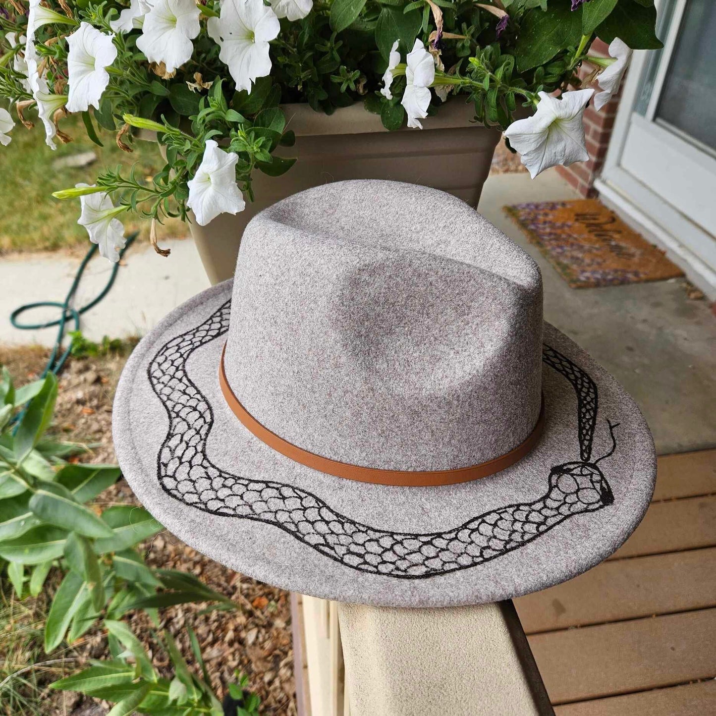 Hand-Painted Snake Eating Its Tail Ouroboros Gray Wool Felt Fedora Hat