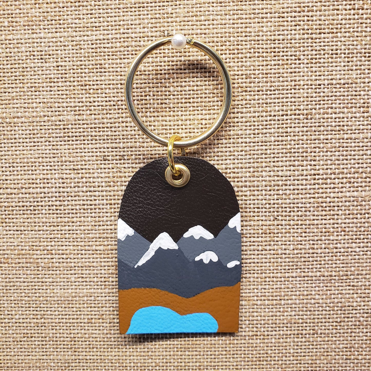 Hand Painted Mountain Landscape Leather Keychain