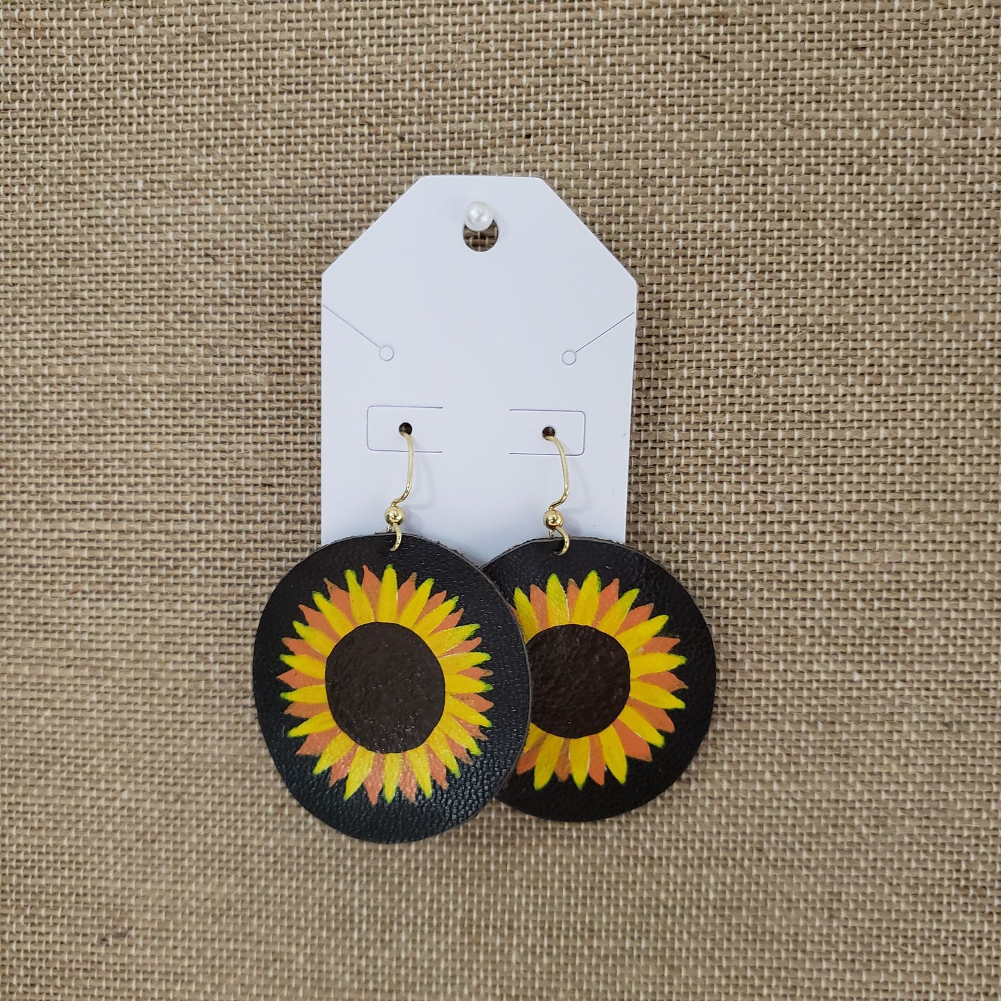 Hand Painted Circular Sunflower Leather Earrings