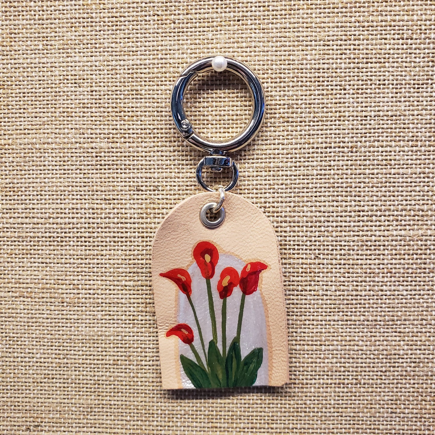 Hand Painted Red Calla Lily Flower Leather Keychain