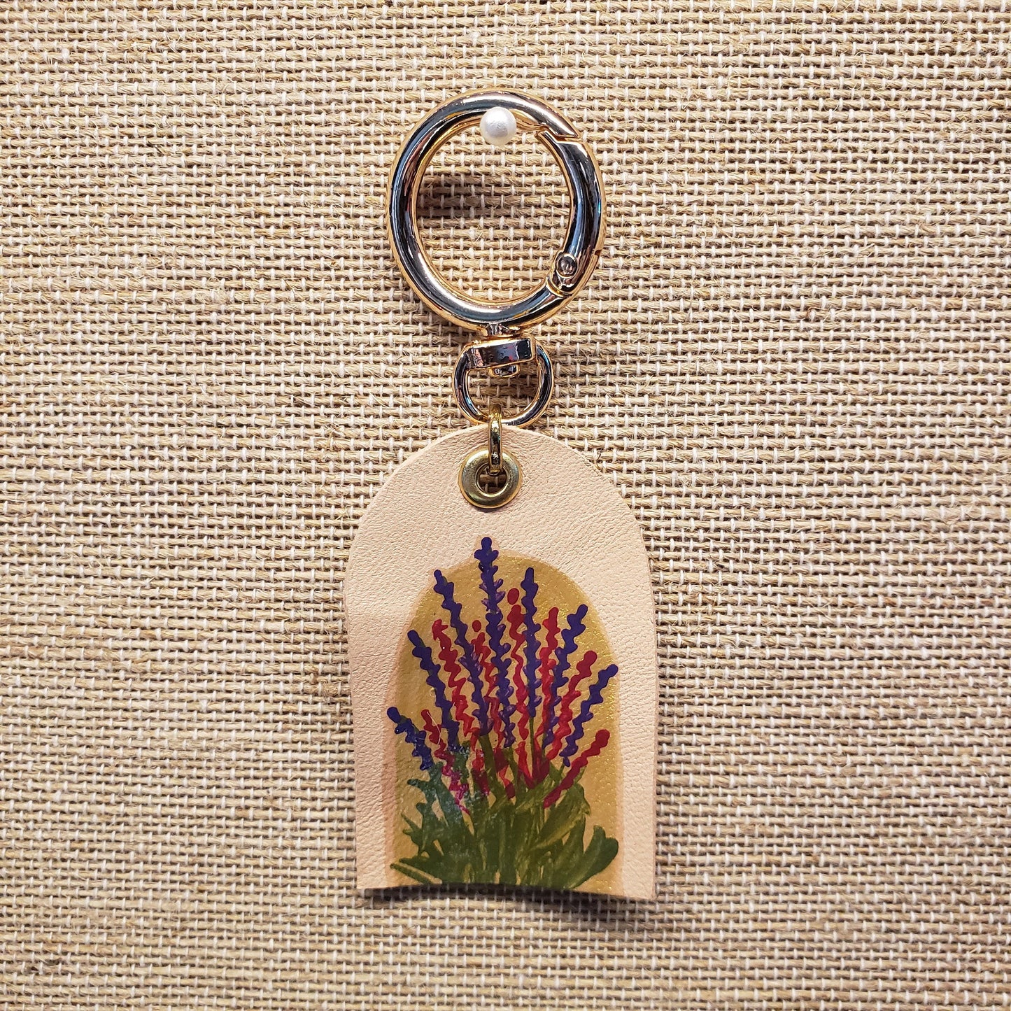 Hand Painted Salvia Russian Sage Flower Leather Keychain