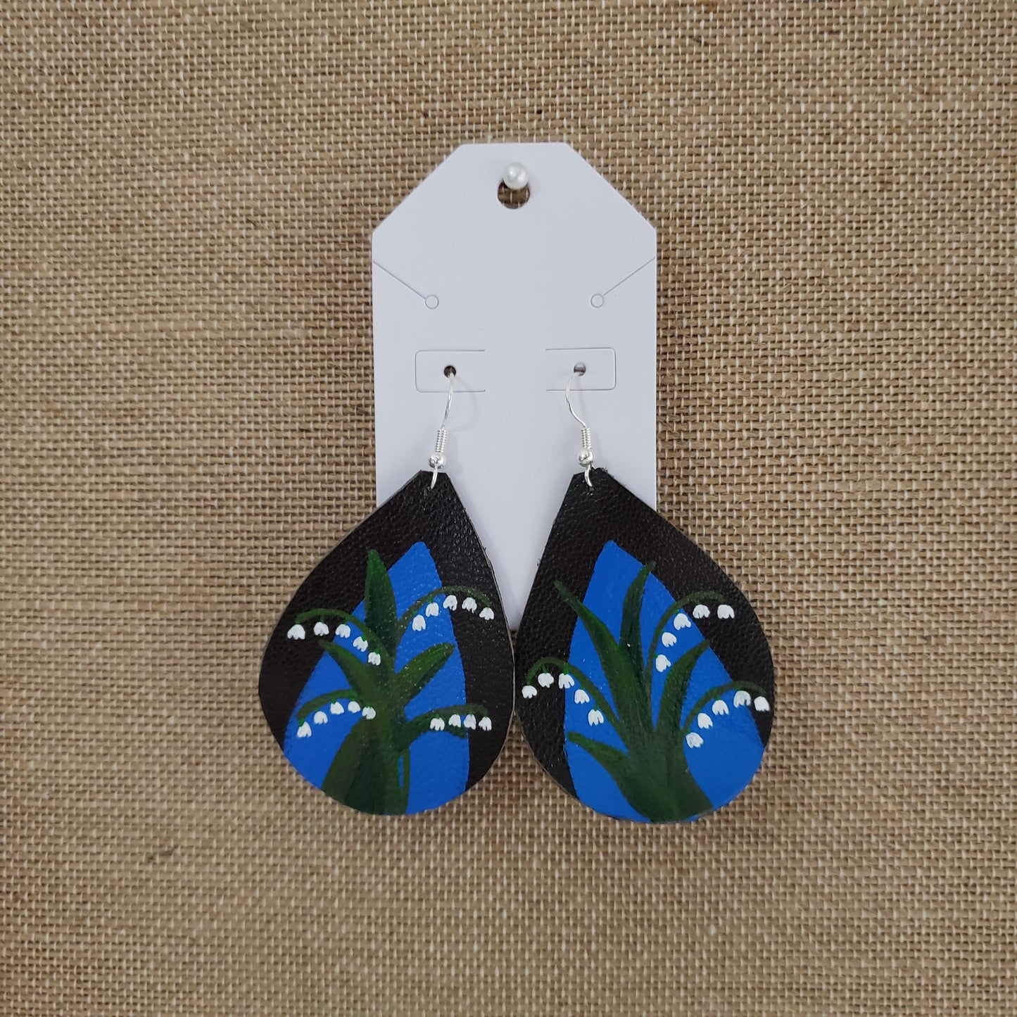 Hand Painted Blue Lily of the Valley Leather Earrings