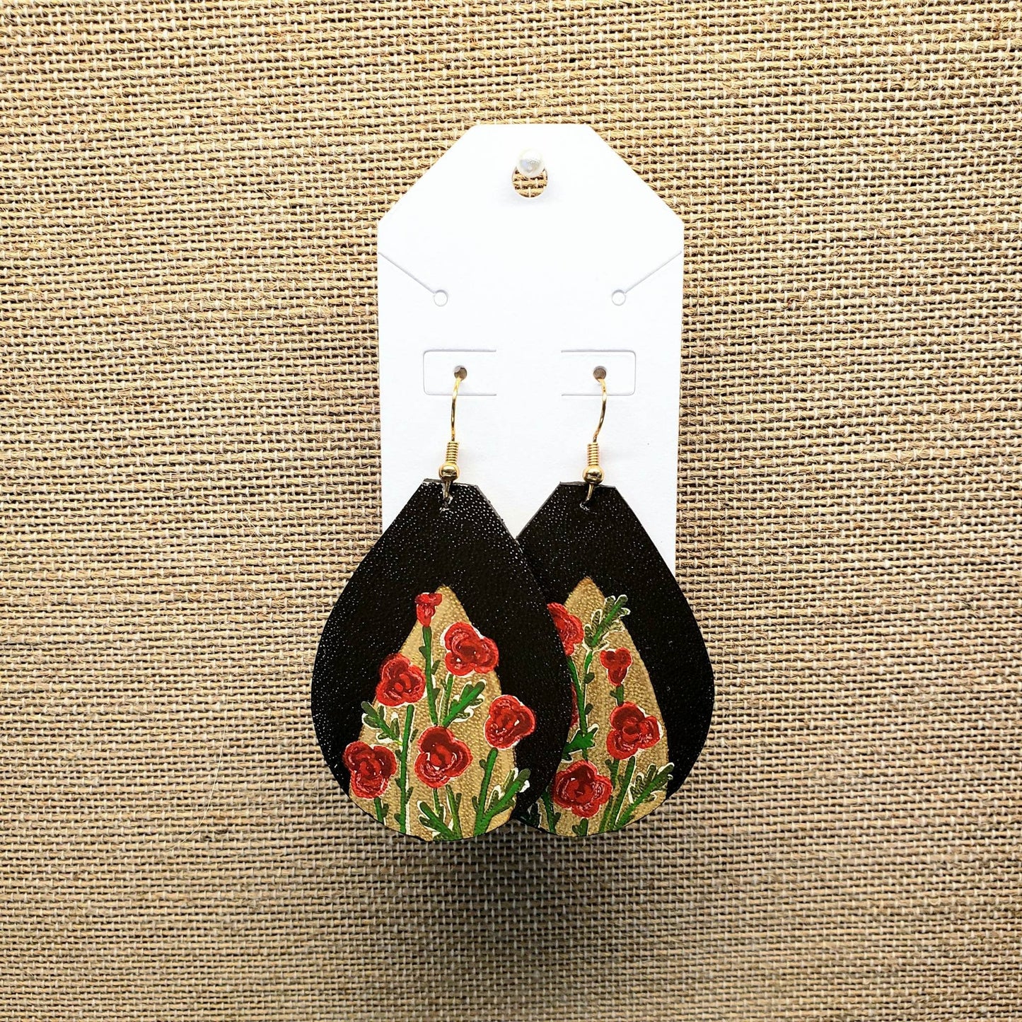 Hand Painted Rose on Gold Leather Earrings