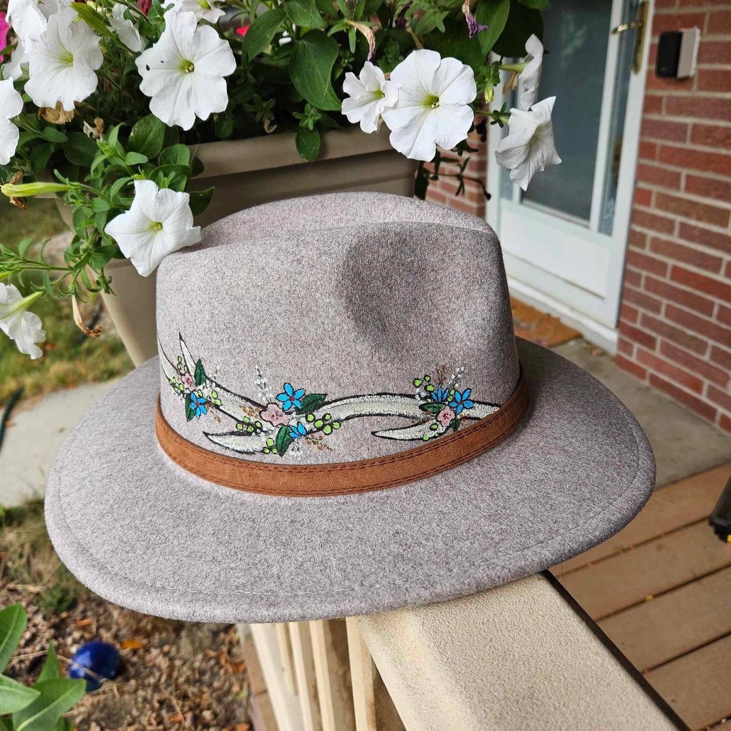 Hand Painted Floral Antler Grey Adjustable Wool Felt Fedora Hat