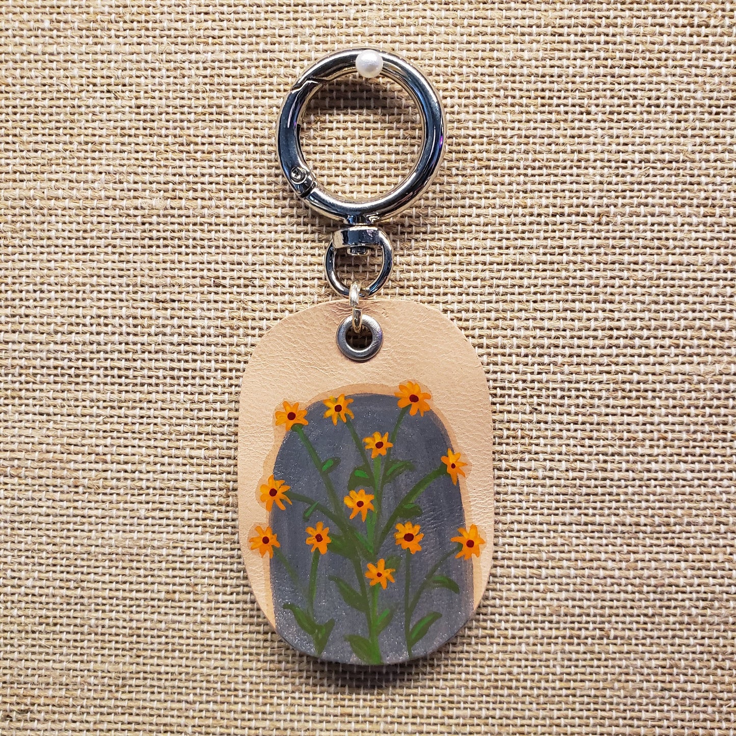Hand Painted Orange Flowers on Silver Leather Keychain