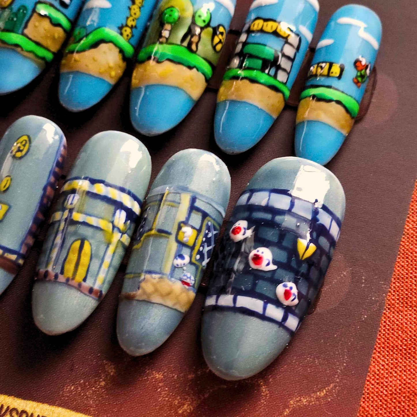 Long Sculpted Almond SUPER MARIO WORLD Apres Gel-X Press On Nails Size Large