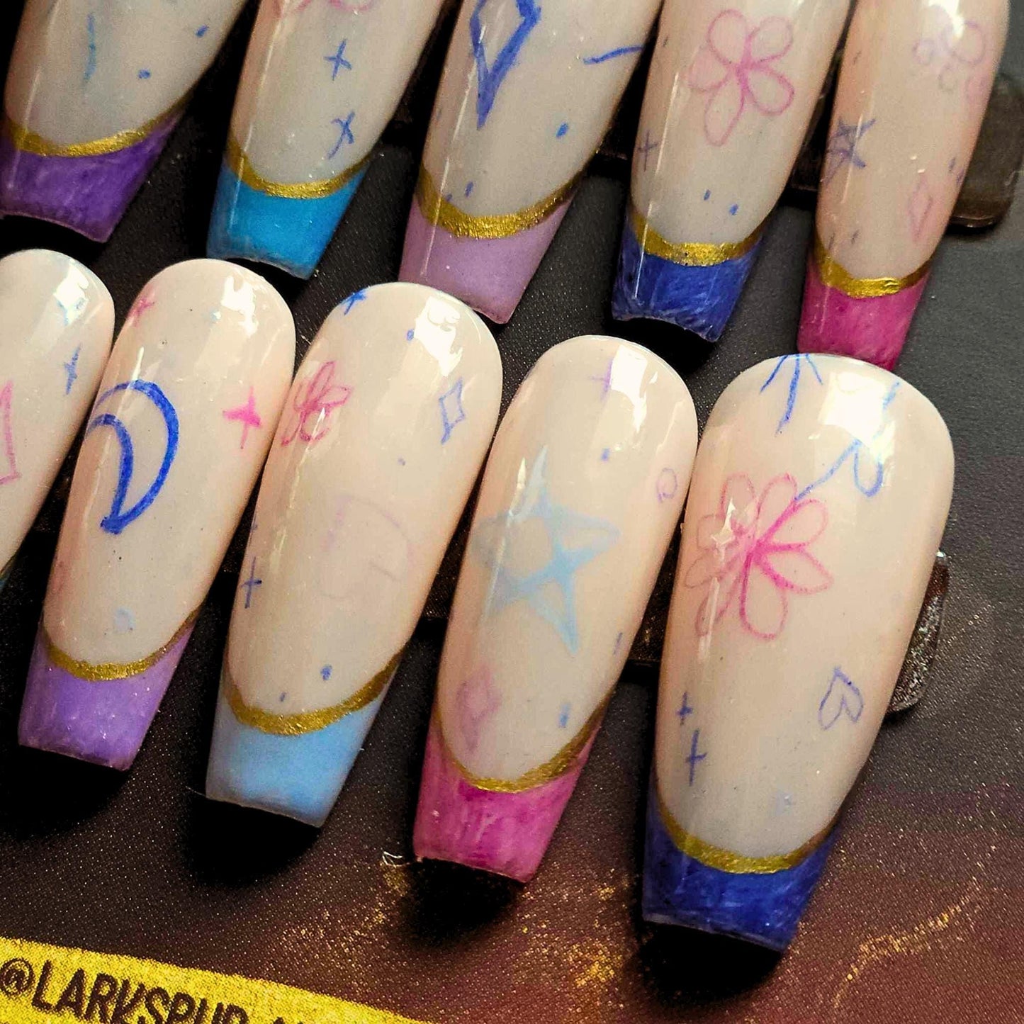 Long Sculpted Coffin Artsy Doodle Coloured Pencil Hand Drawn Cosmic French Tip Apres Gel-X Press On Nails