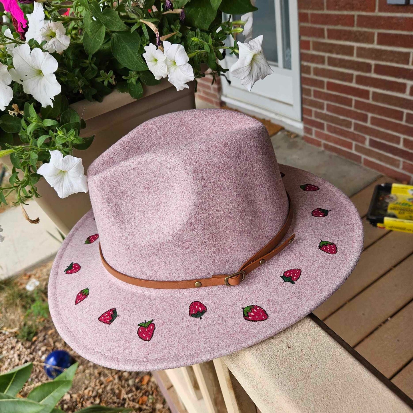 Hand-Painted Strawberry Pink Adjustable Wool Felt Fedora Hat