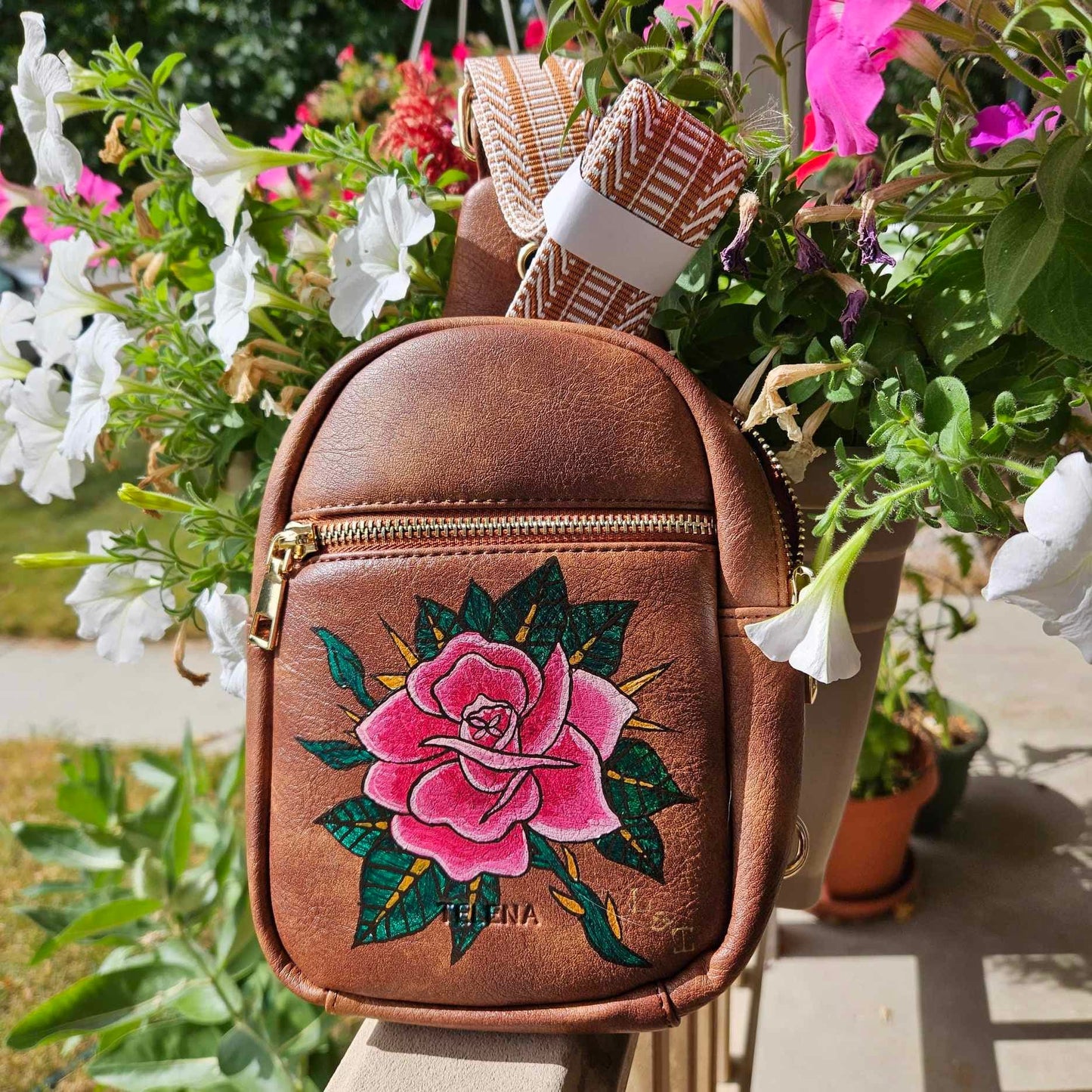 Hand-Painted Traditional Pink Rose Tattoo Style Floral Brown Faux Leather Crossbody Purse Bag