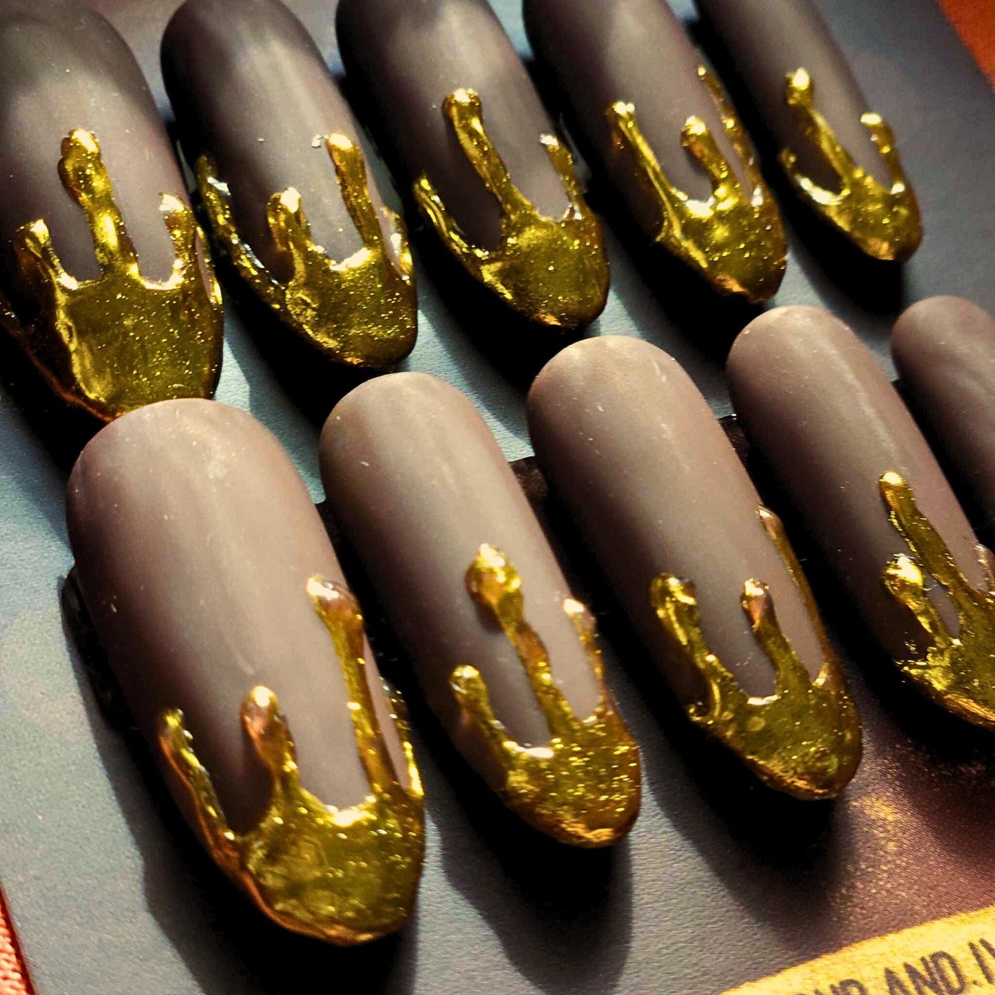 Long Sculpted Almond Matte Brown Velvet Gold Honey Drip Apres Gel-X Press On Nails