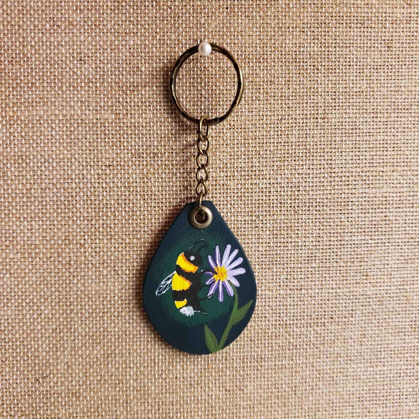 Hand-Painted Bumblebee Flower Leather Keychain