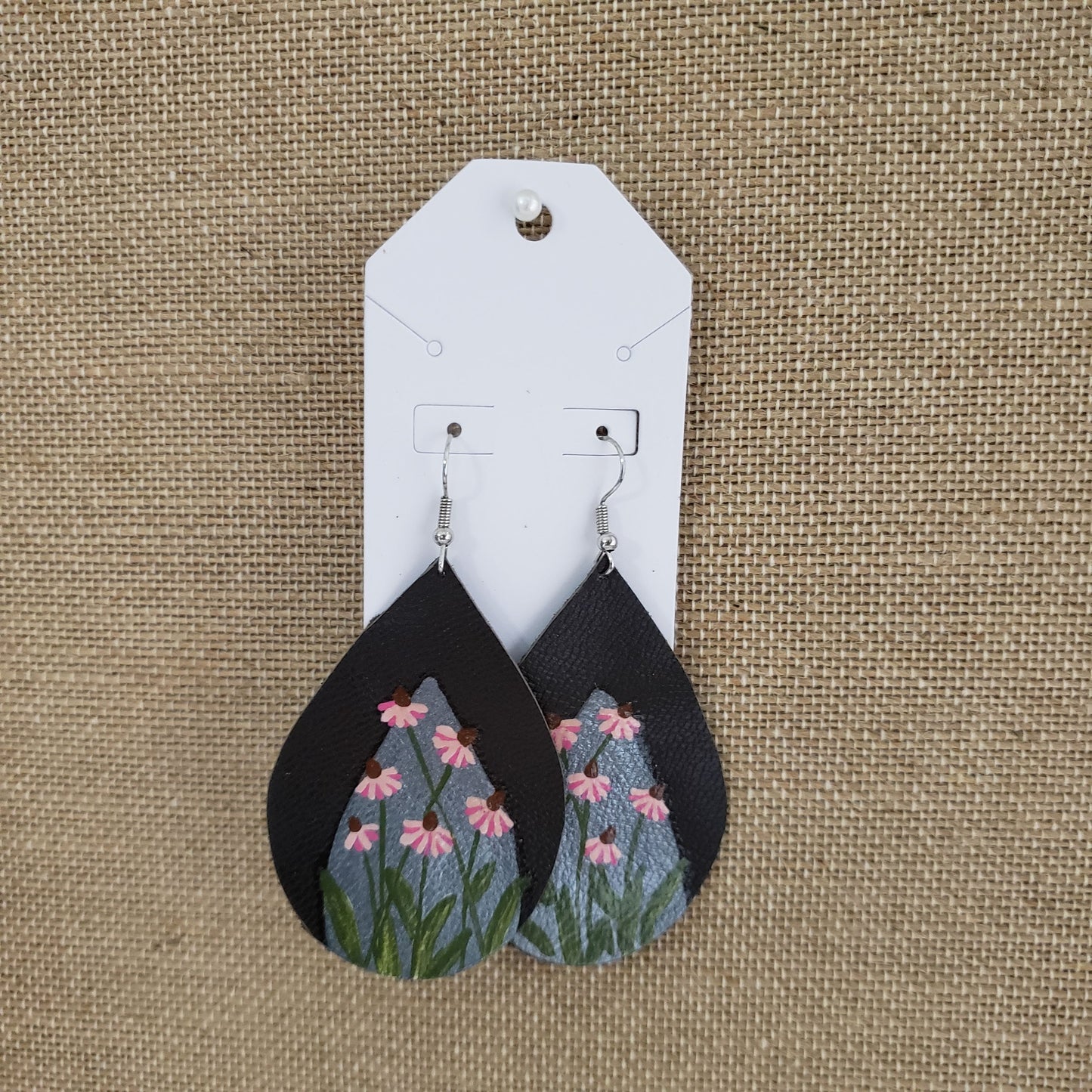 Hand Painted Pink Coneflowers on Silver Leather Earrings