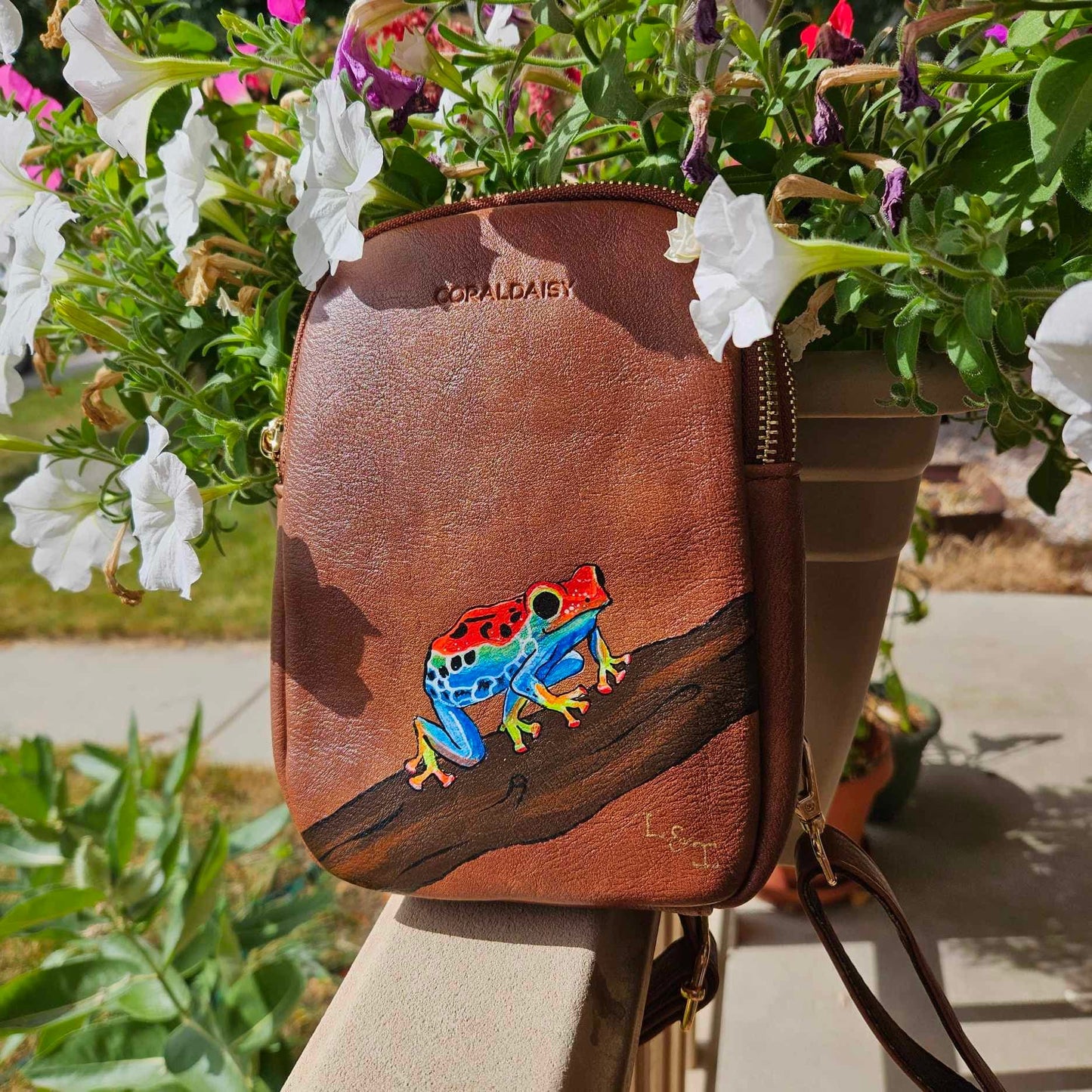 Hand-Painted Rainbow Poison Dart Frog Brown Faux Leather Crossbody Purse Bag