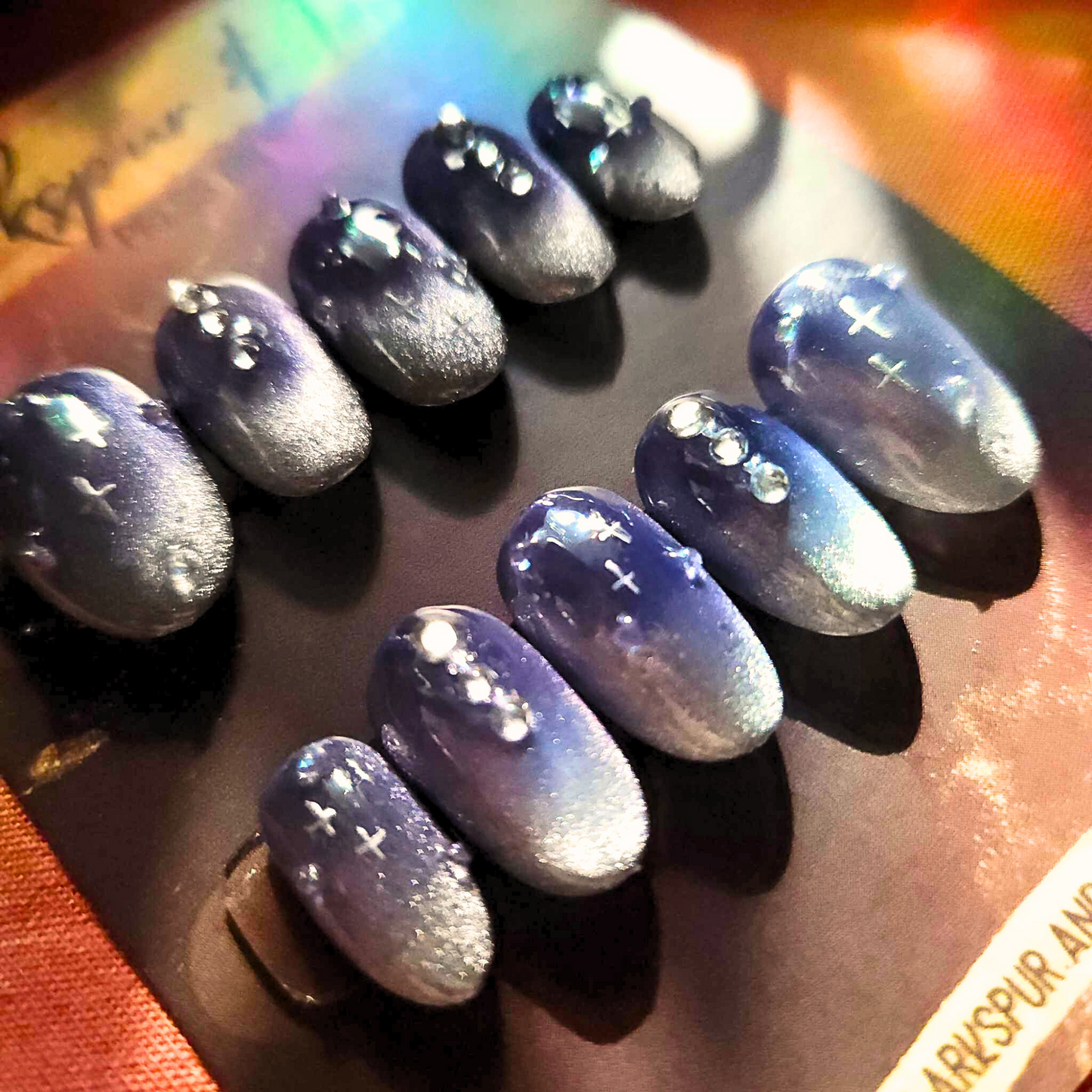 Extra Short Natural Round Blue and Silver Night Sky Moon and Stars Apres Gel-X Press On Nails