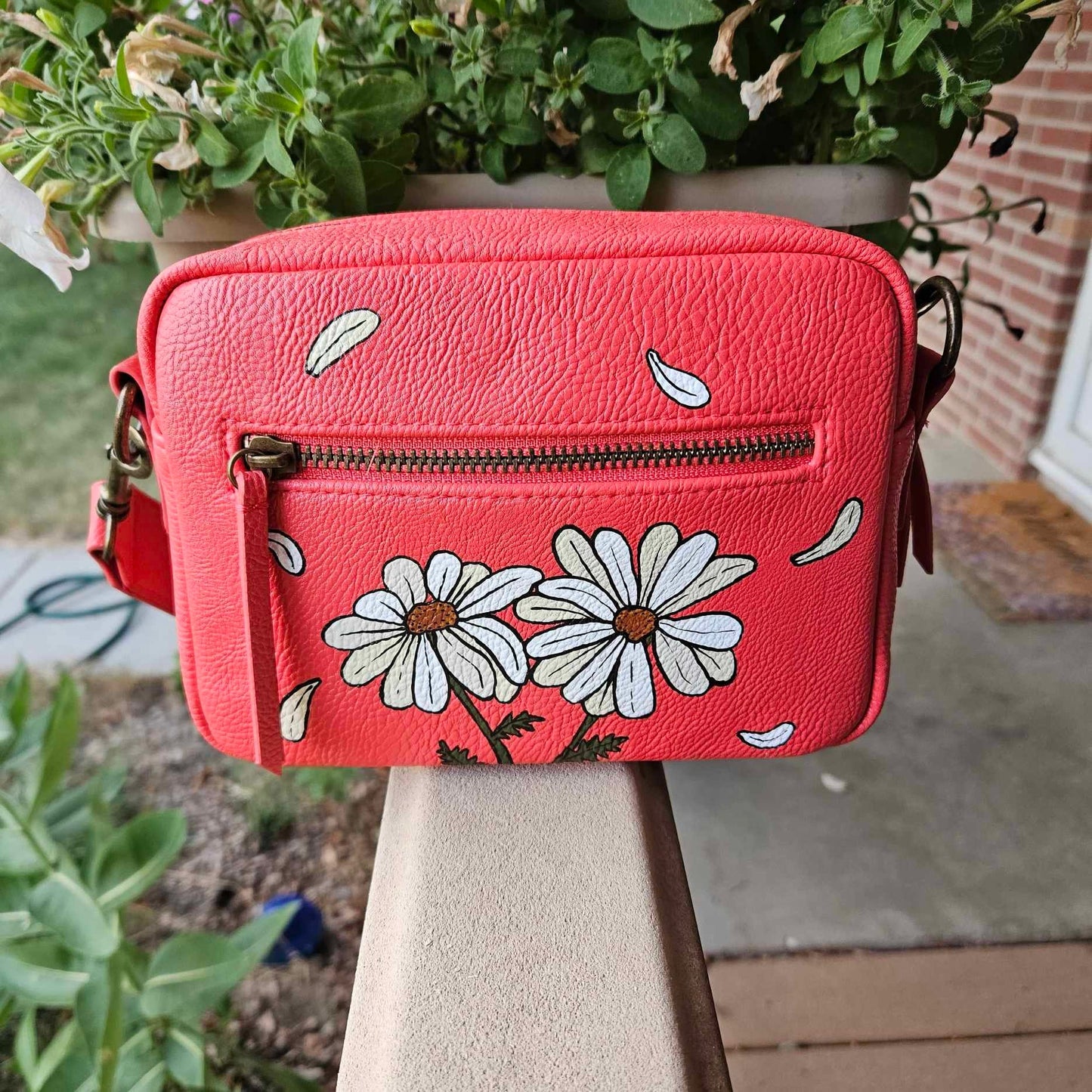 Hand-Painted White Daisy Flowers Coral Pink Faux Leather Crossbody Purse Bag
