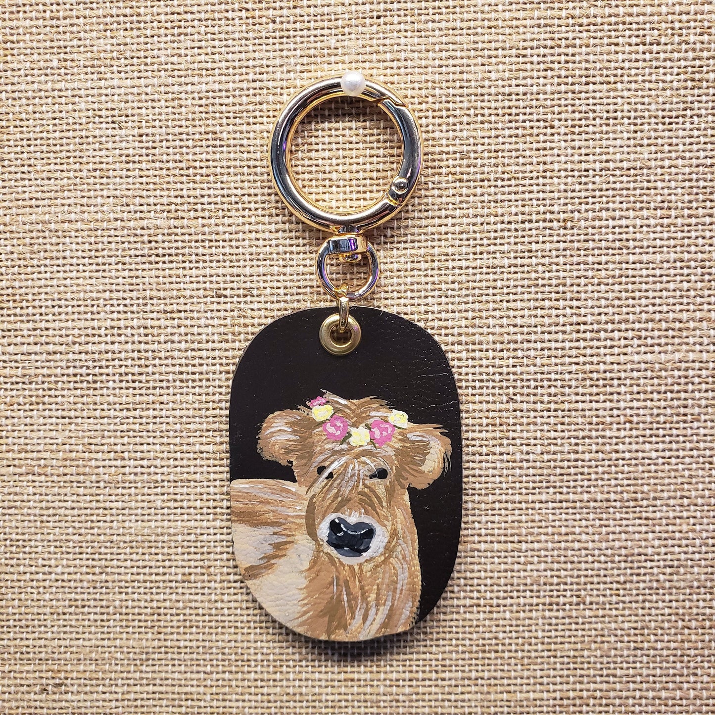 Hand Painted Highland Cow with Flower Crown Leather Keychain