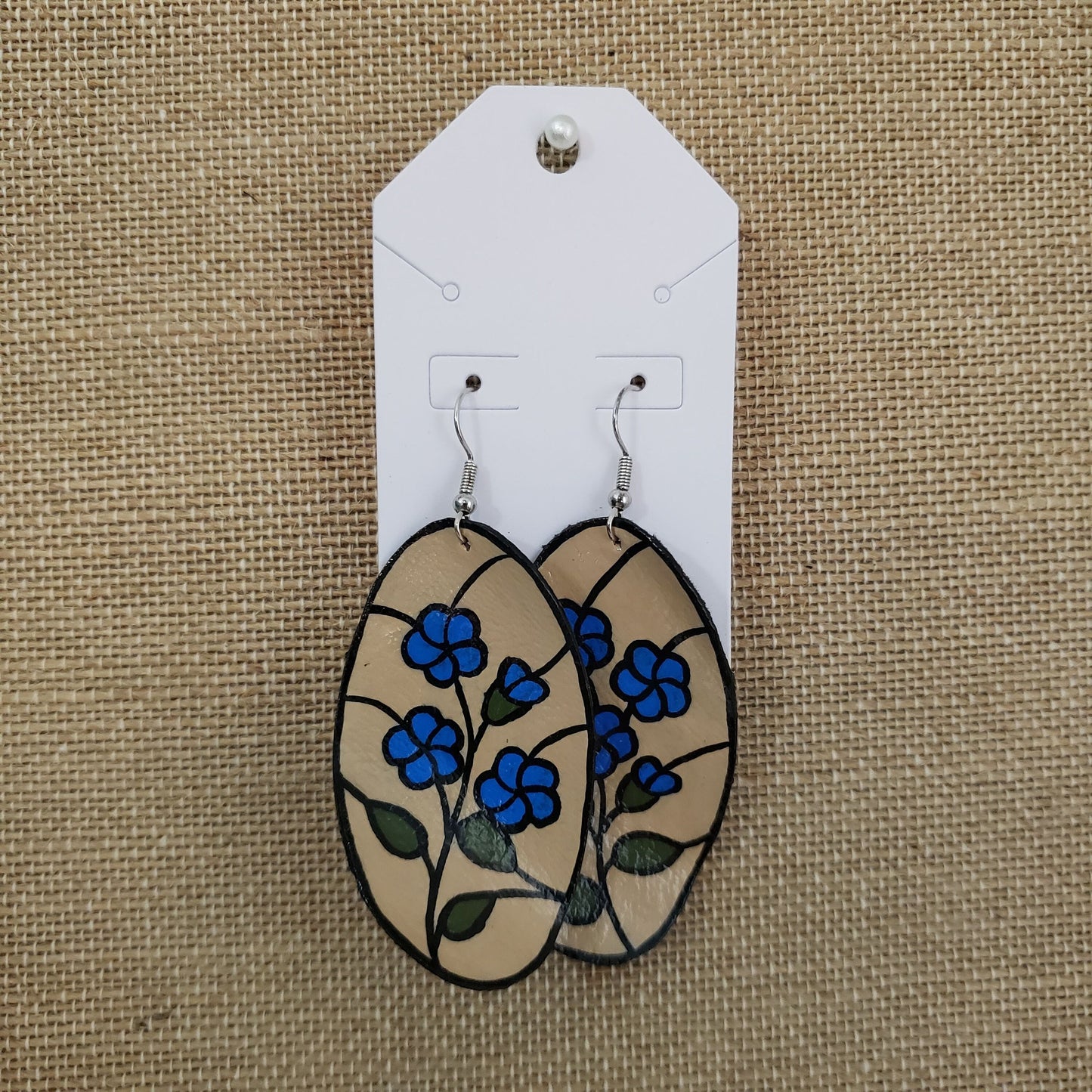 Hand Painted Blue Flower Stained Glass Leather Earrings