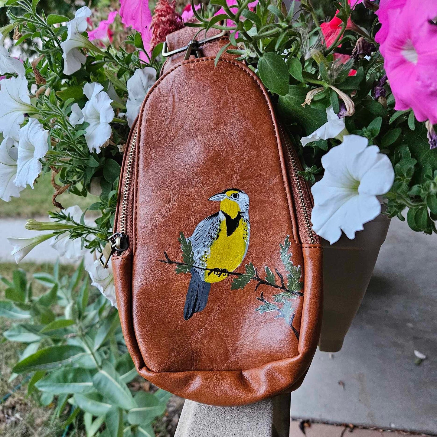 Hand-Painted Yellow Wyoming Meadowlark Brown Faux Leather Crossbody Purse Bag