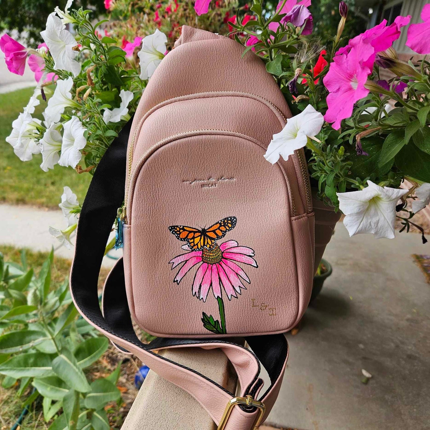 Hand-Painted Monarch Butterfly Pink Cone Flower Pink Faux Leather Crossbody Purse Bag