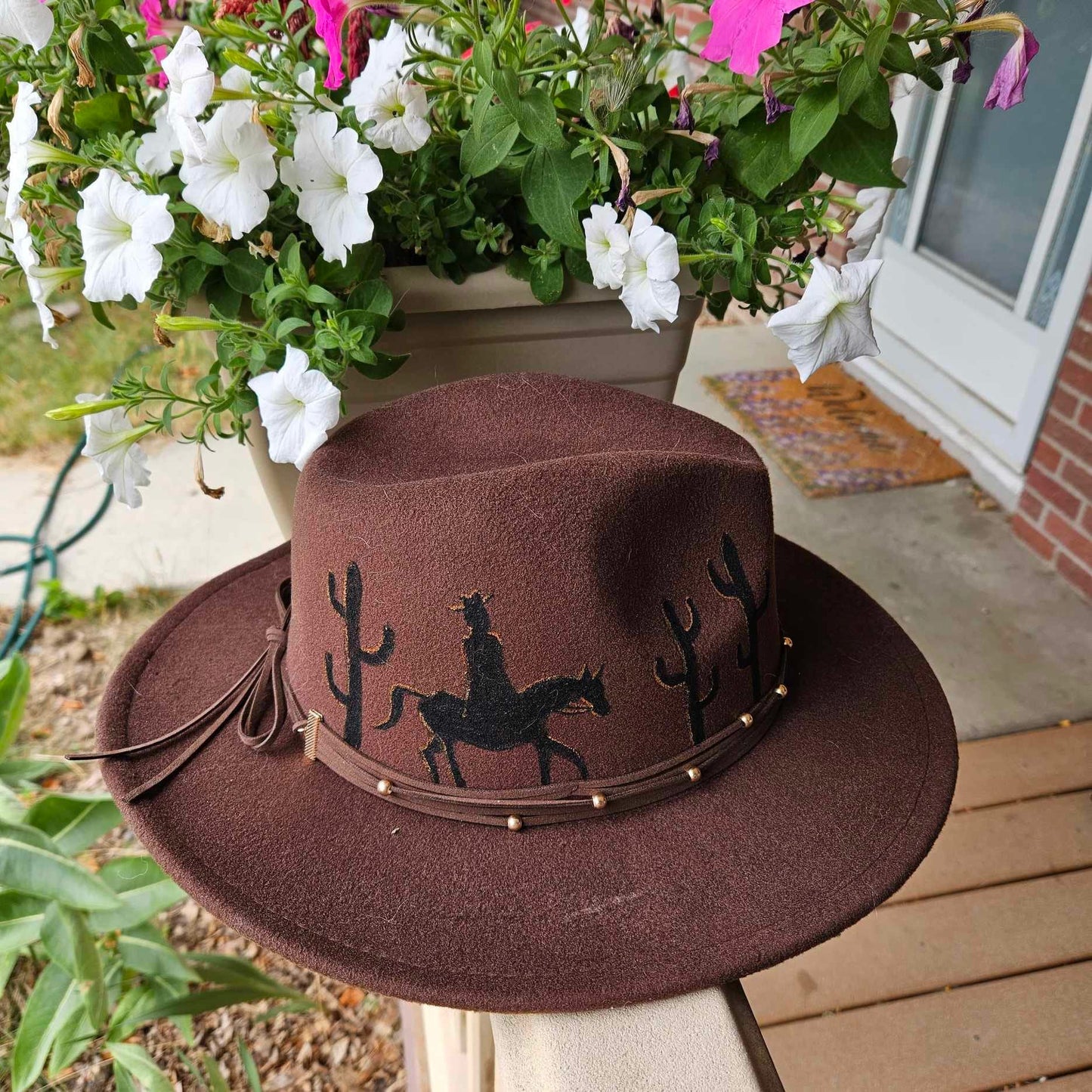 Hand-Painted Sunset Cowboy and Cactus Silhouette Brown Felt Fedora Hat