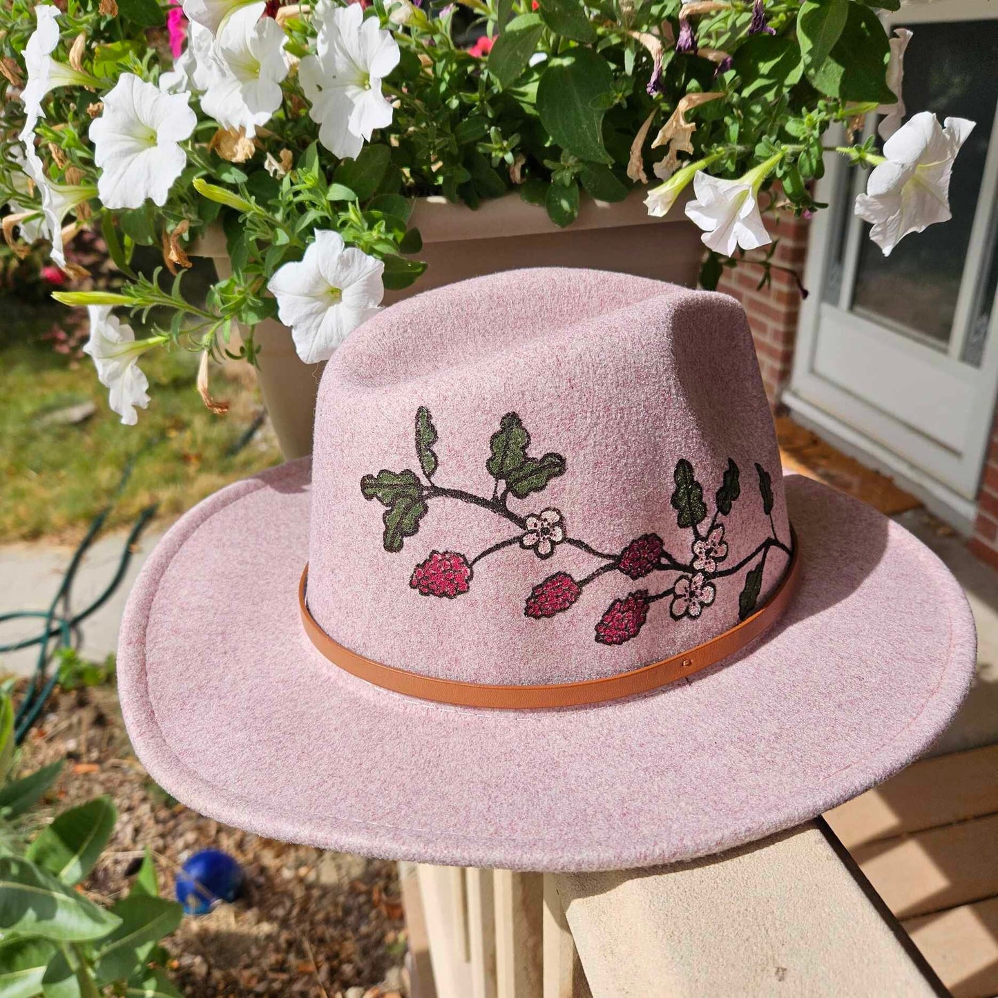 Hand-Painted Raspberry Branch Adjustable Wool Felt Fedora Hat