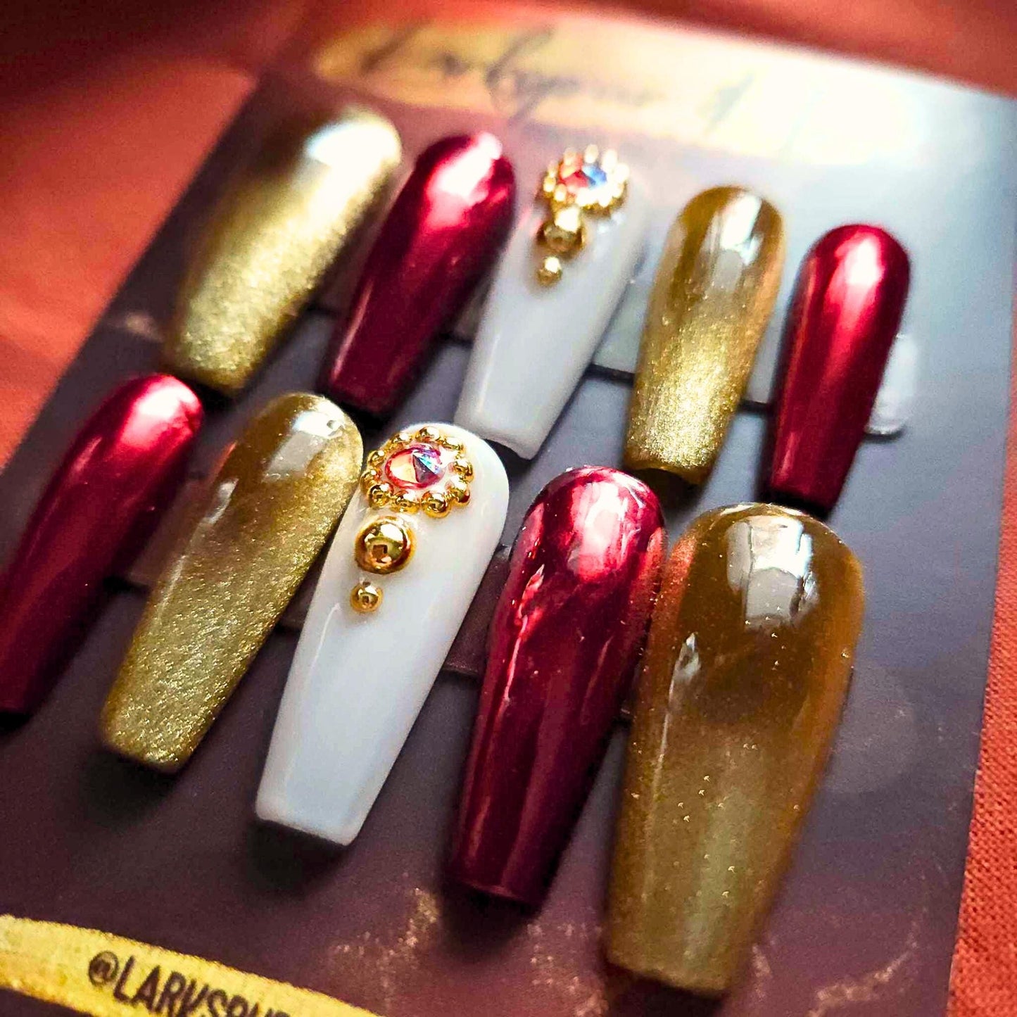 Long Sculpted Coffin Red and Gold Bling Holiday Christmas Apres Gel-X Press On Nails