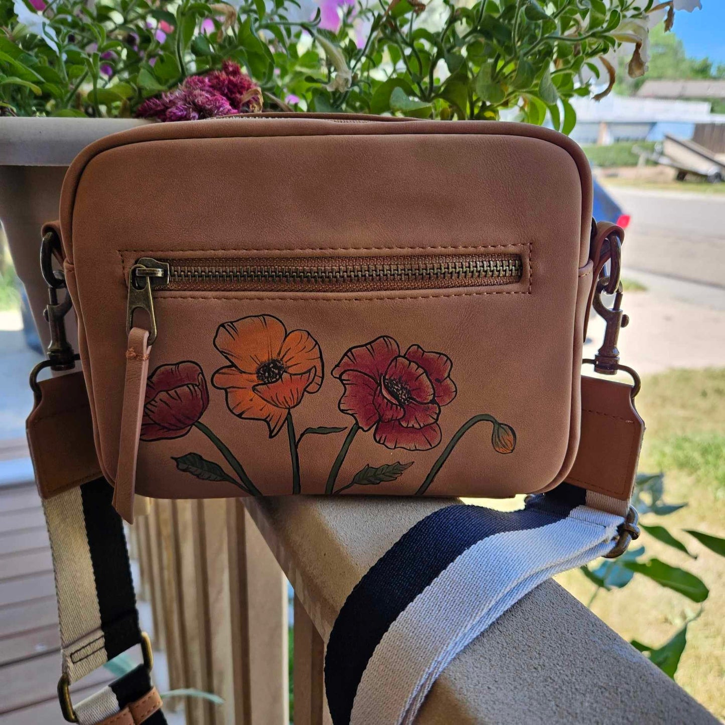 Hand-Painted Red & Orange Poppy Flowers Brown Faux Leather Crossbody Purse Bag