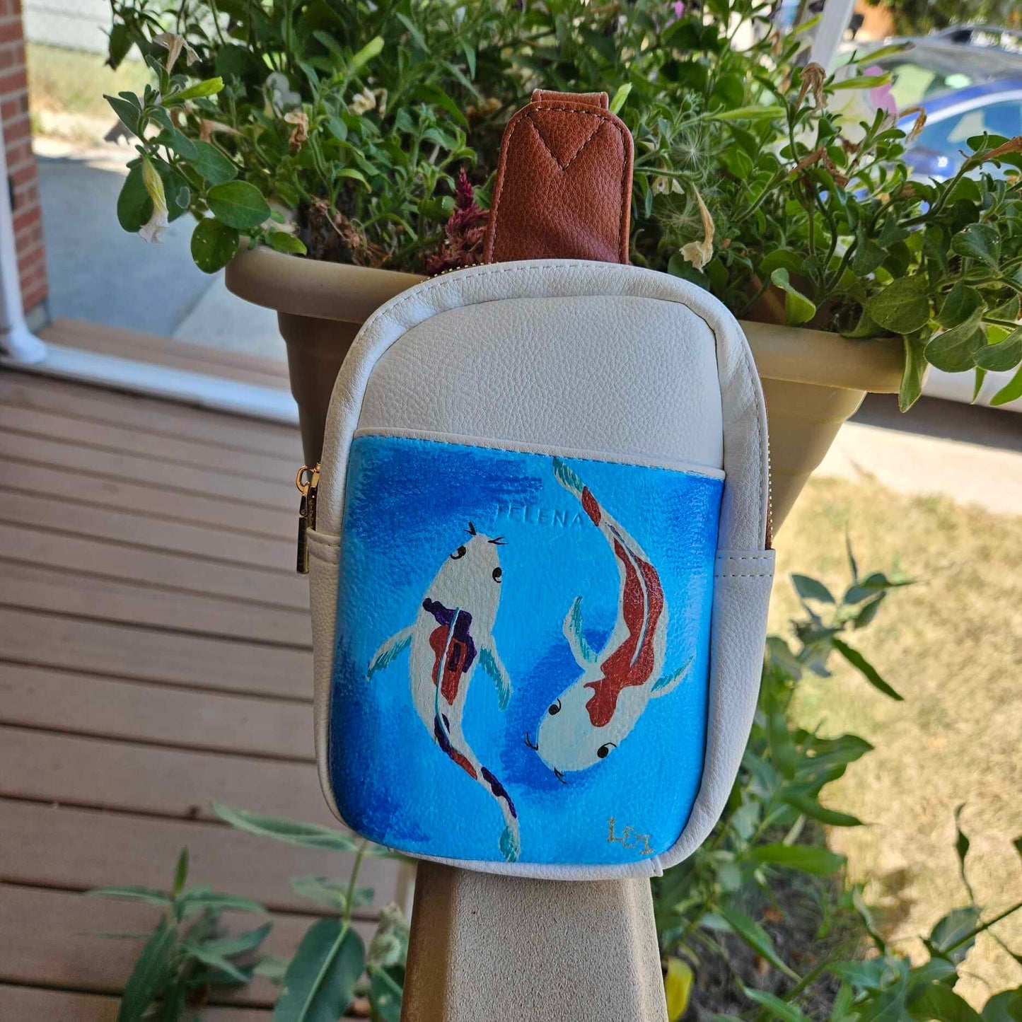 Hand-Painted Koi Fish Water White Faux Leather Crossbody Purse Bag