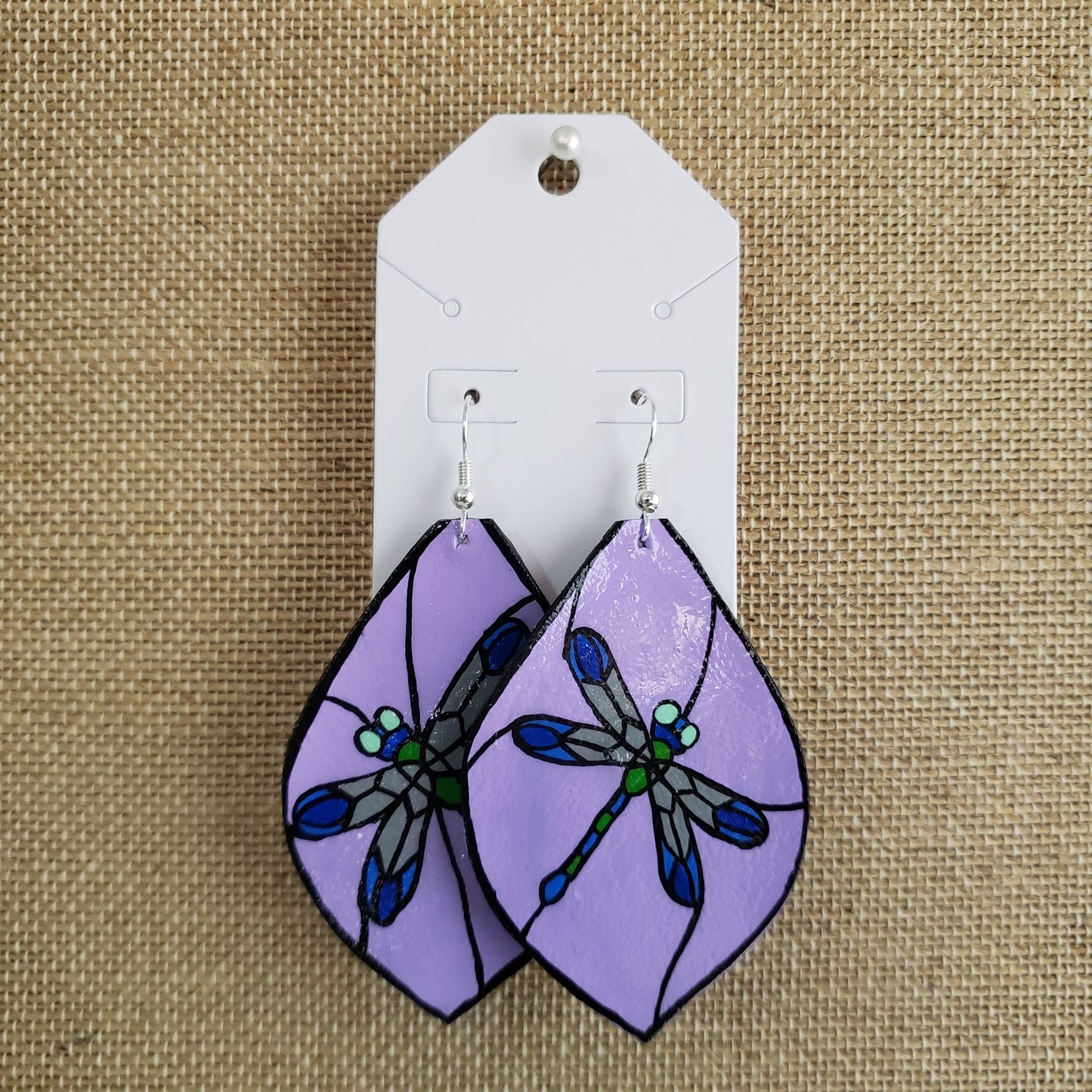 Hand Painted Purple Dragonfly Stained Glass Leather Earrings