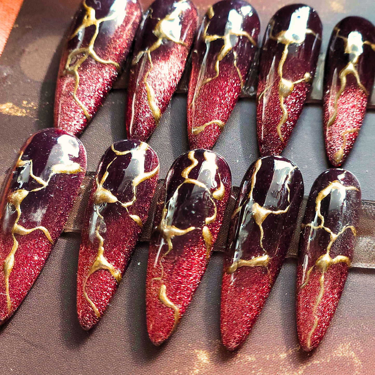 Long Natural Stiletto Red Glitter French Tip Kintsugi Pottery Apres Gel-X Press On Nails