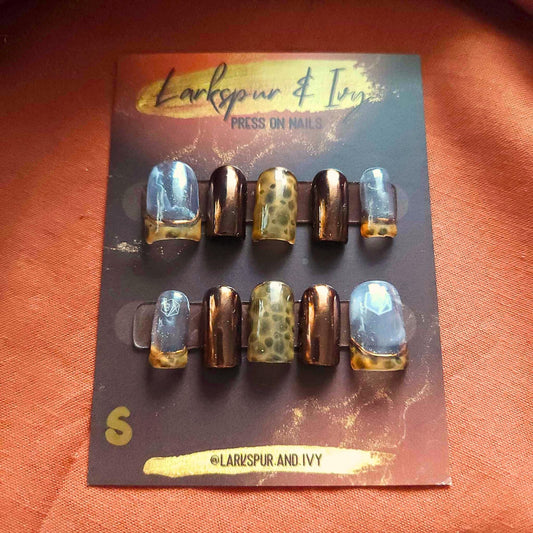 Sculpted Square Short Bronze Tortoiseshell French Tip Apres Gel-X Press On Nails B Grade Size Small