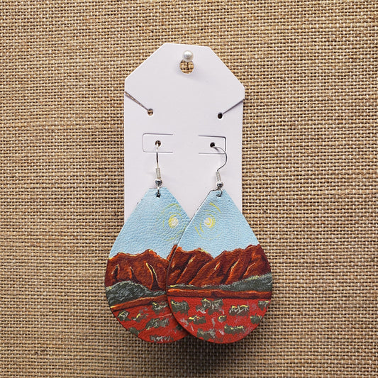 Hand Painted Red Desert Landscape Leather Earrings