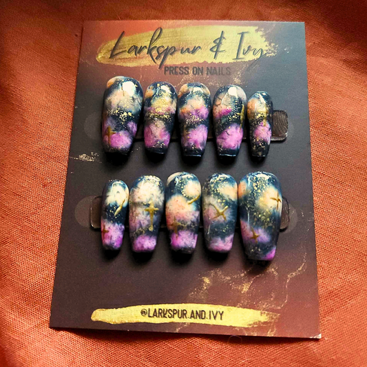 Medium Natural Coffin Sunset Clouds Celestial Renaissance Apres Gel-X Press On Nails