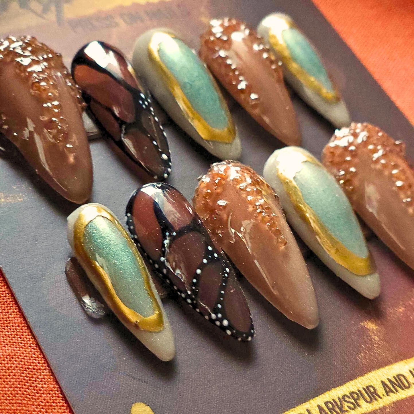 Long Natural Round Brown and Gold Monarch Jelly Apres Gel-X Press On Nails