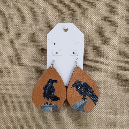 Hand Painted Black Crow Leather Earrings