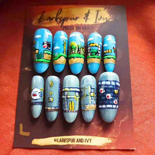 Long Sculpted Almond SUPER MARIO WORLD Apres Gel-X Press On Nails Size Large