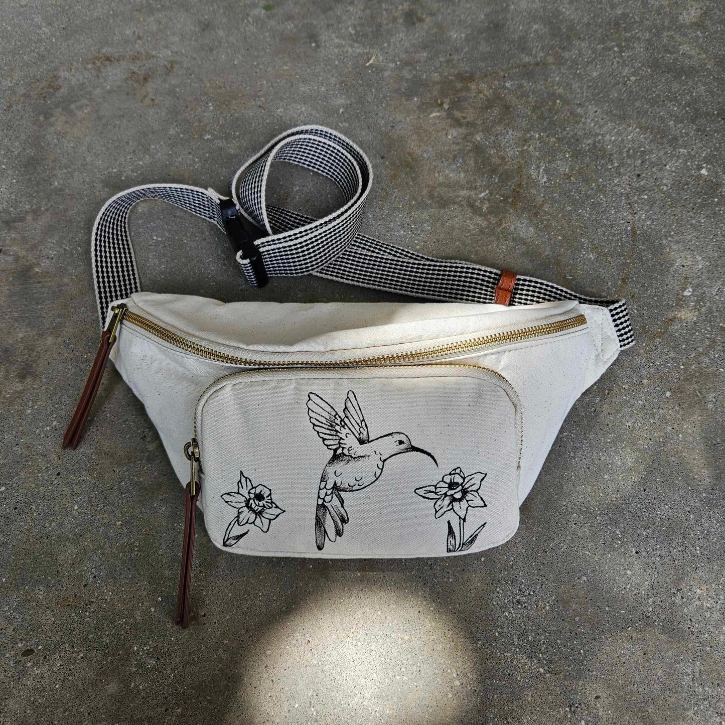 Hand-Painted Hummingbird & Daffodil Cream Canvas Fanny Pack Bag