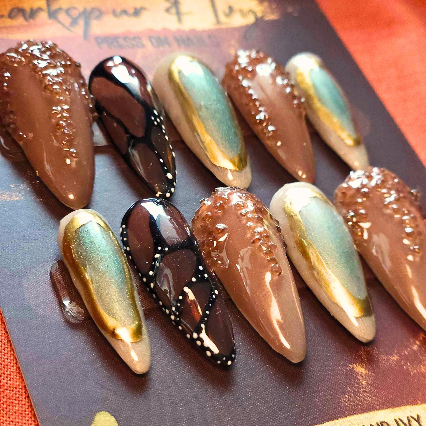 Long Natural Round Brown and Gold Monarch Jelly Apres Gel-X Press On Nails