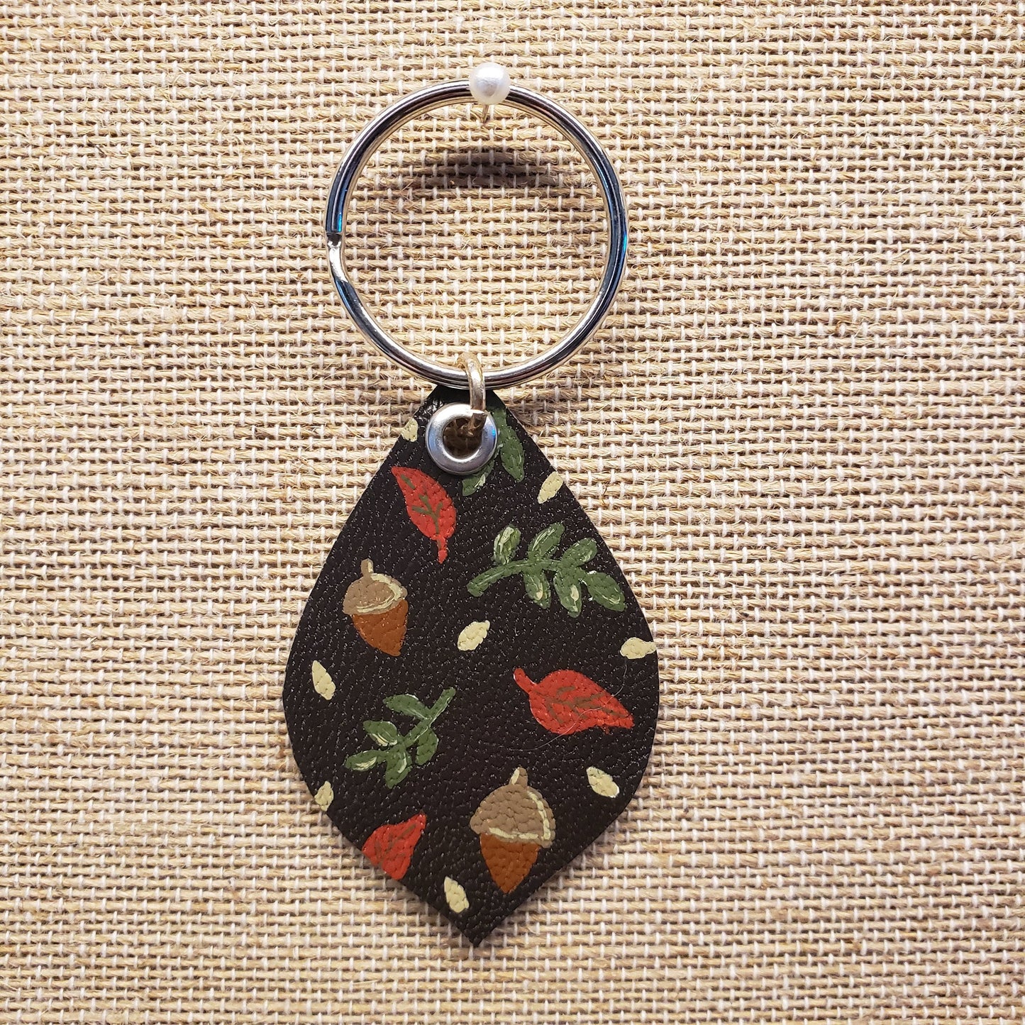 Hand Painted Autumn Acorn Leather Keychain