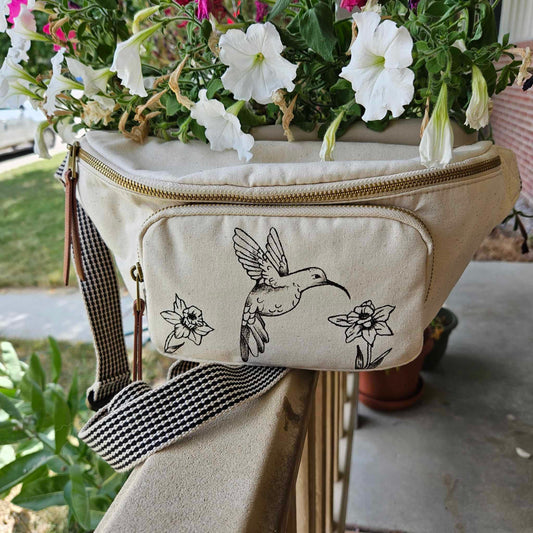 Hand-Painted Hummingbird & Daffodil Cream Canvas Fanny Pack Bag