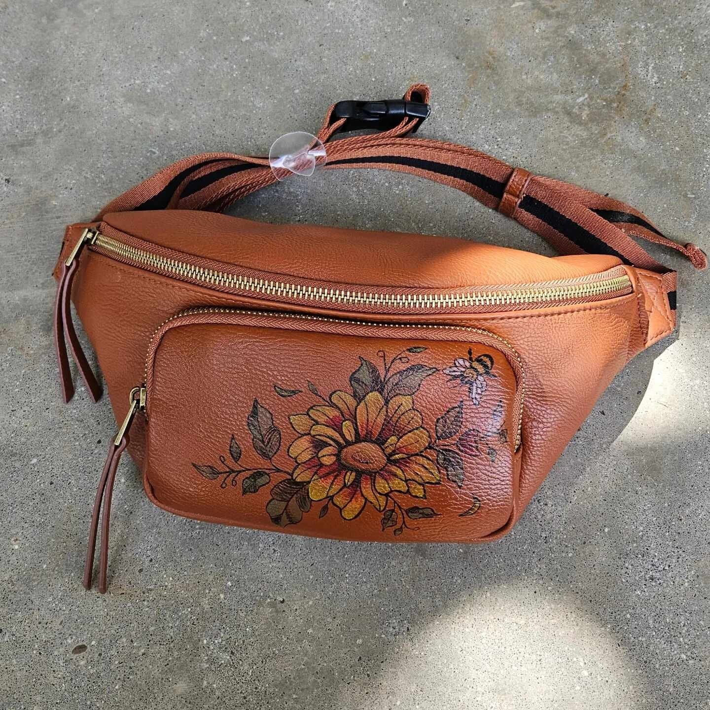 Hand-Painted Sunflower & Bumblebee Brown Faux Leather Fanny Pack