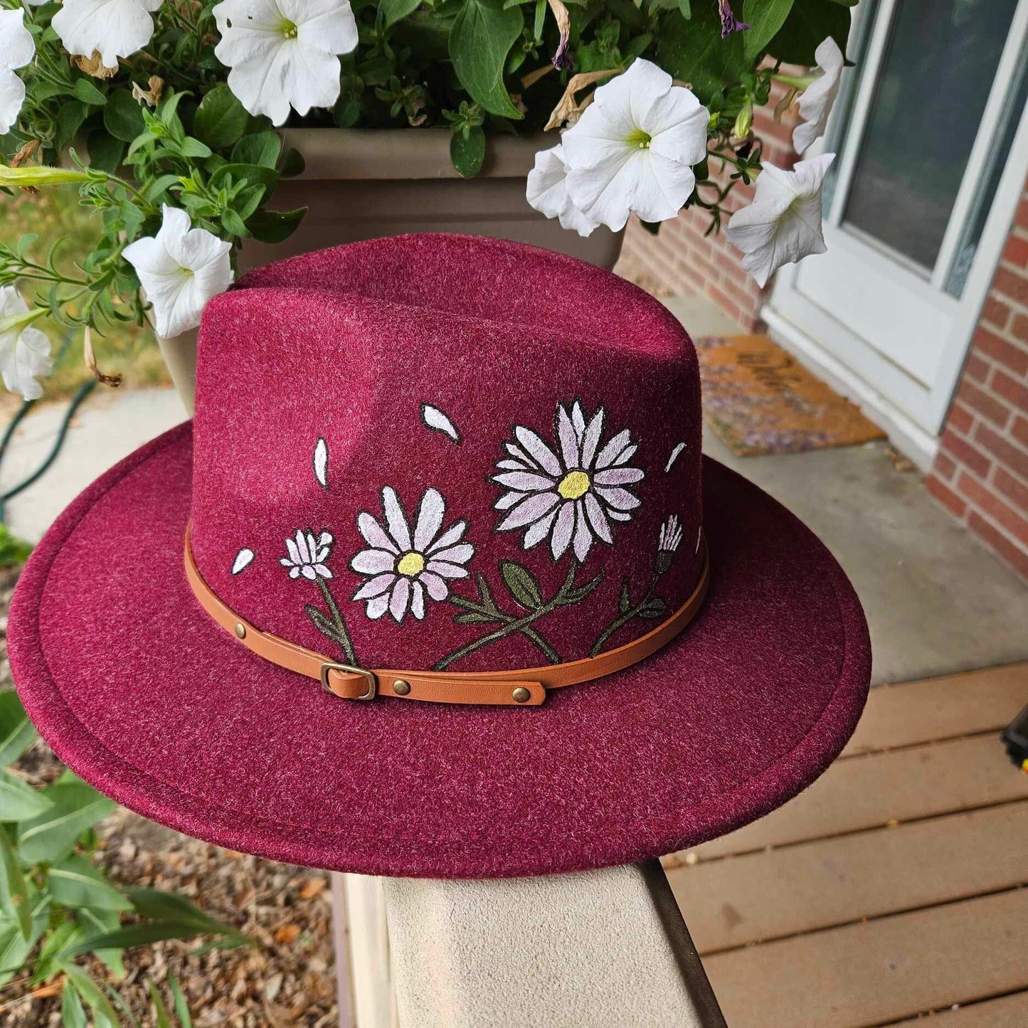 Hand-Painted White Daisies on a Maroon Adjustable Wool Felt Fedora Hat