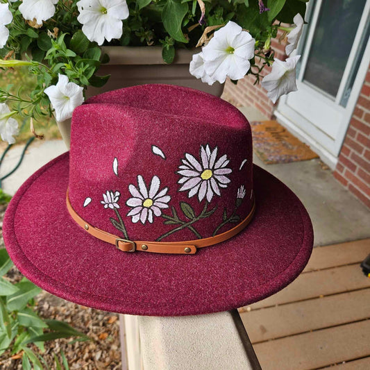 Hand-Painted White Daisies on a Maroon Adjustable Wool Felt Fedora Hat