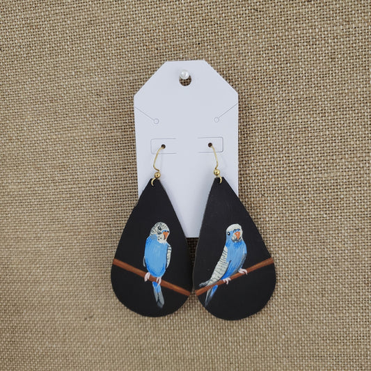 Hand Painted Blue Budgie Bird Leather Earrings