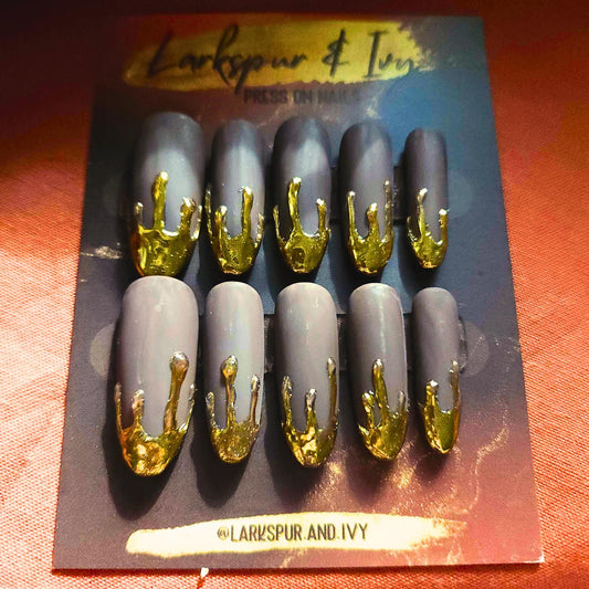 Long Sculpted Almond Matte Brown Velvet Gold Honey Drip Apres Gel-X Press On Nails