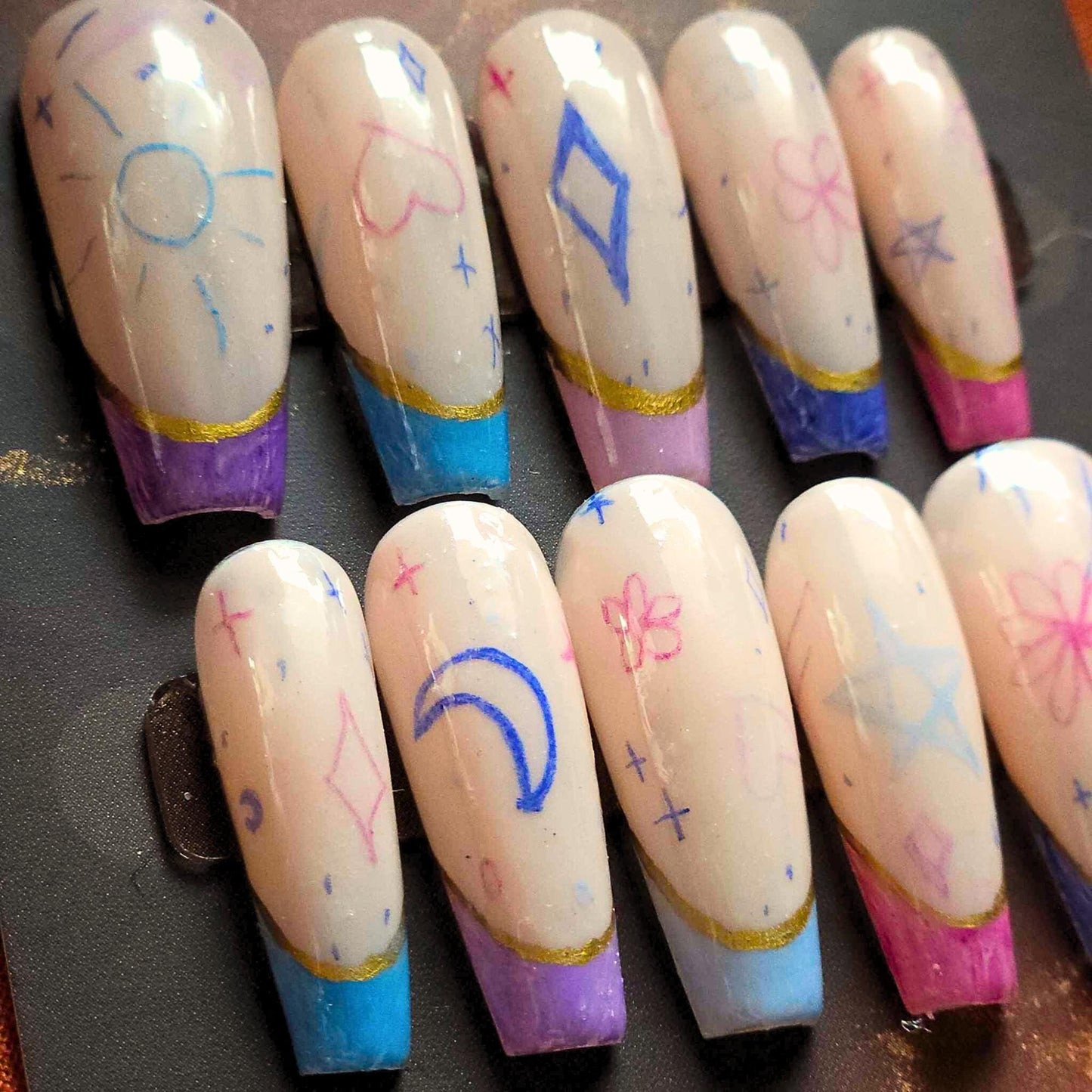 Long Sculpted Coffin Artsy Doodle Coloured Pencil Hand Drawn Cosmic French Tip Apres Gel-X Press On Nails