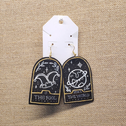 Hand Painted The Fool & The World Tarot Card Leather Earrings