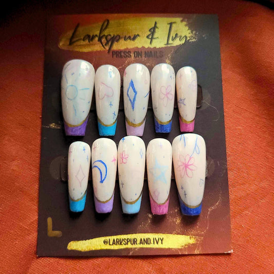 Long Sculpted Coffin Artsy Doodle Coloured Pencil Hand Drawn Cosmic French Tip Apres Gel-X Press On Nails